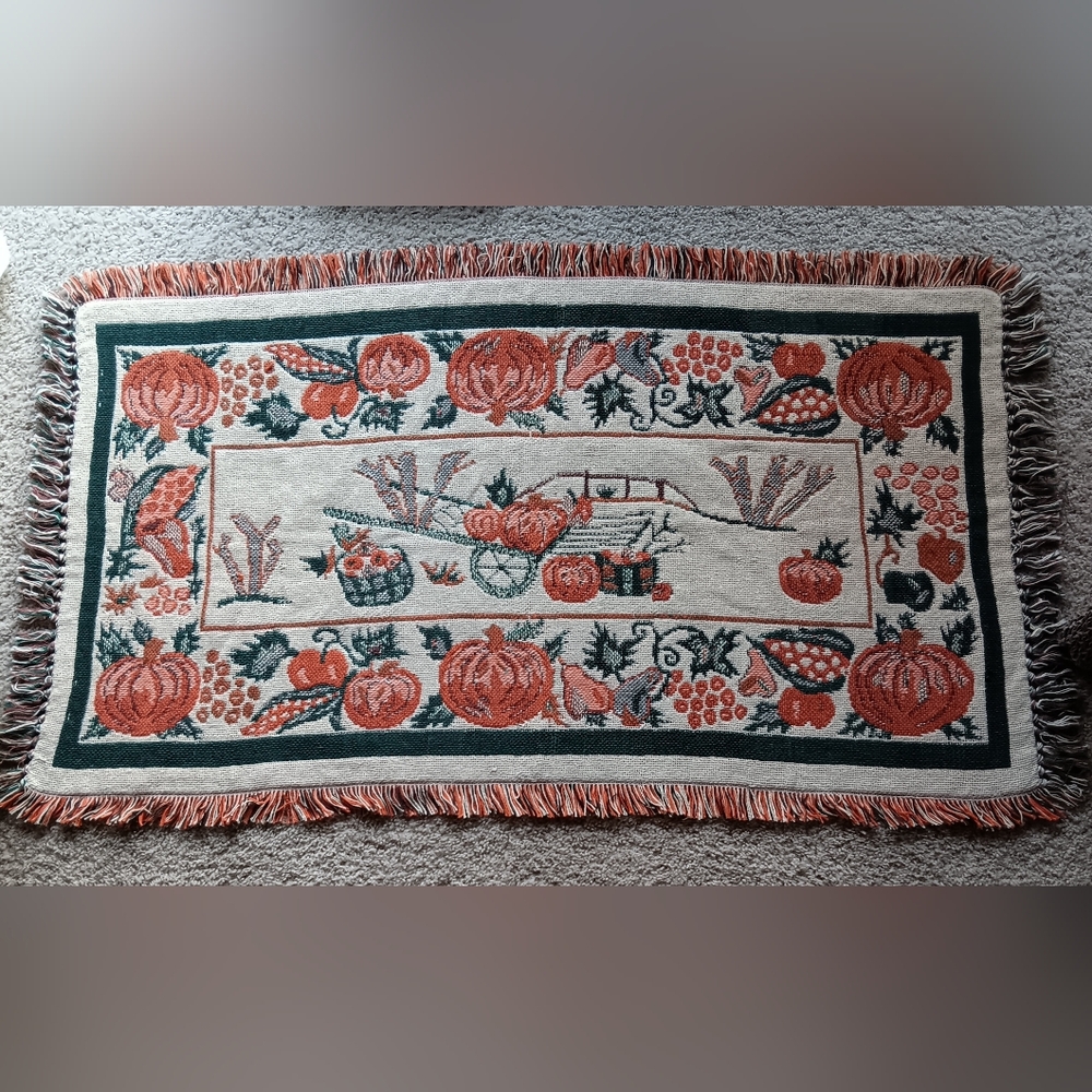 Vintage Fall Harvest Pumpkin Woven Throw  46 1/2" L X 26" W Excluding Fringe